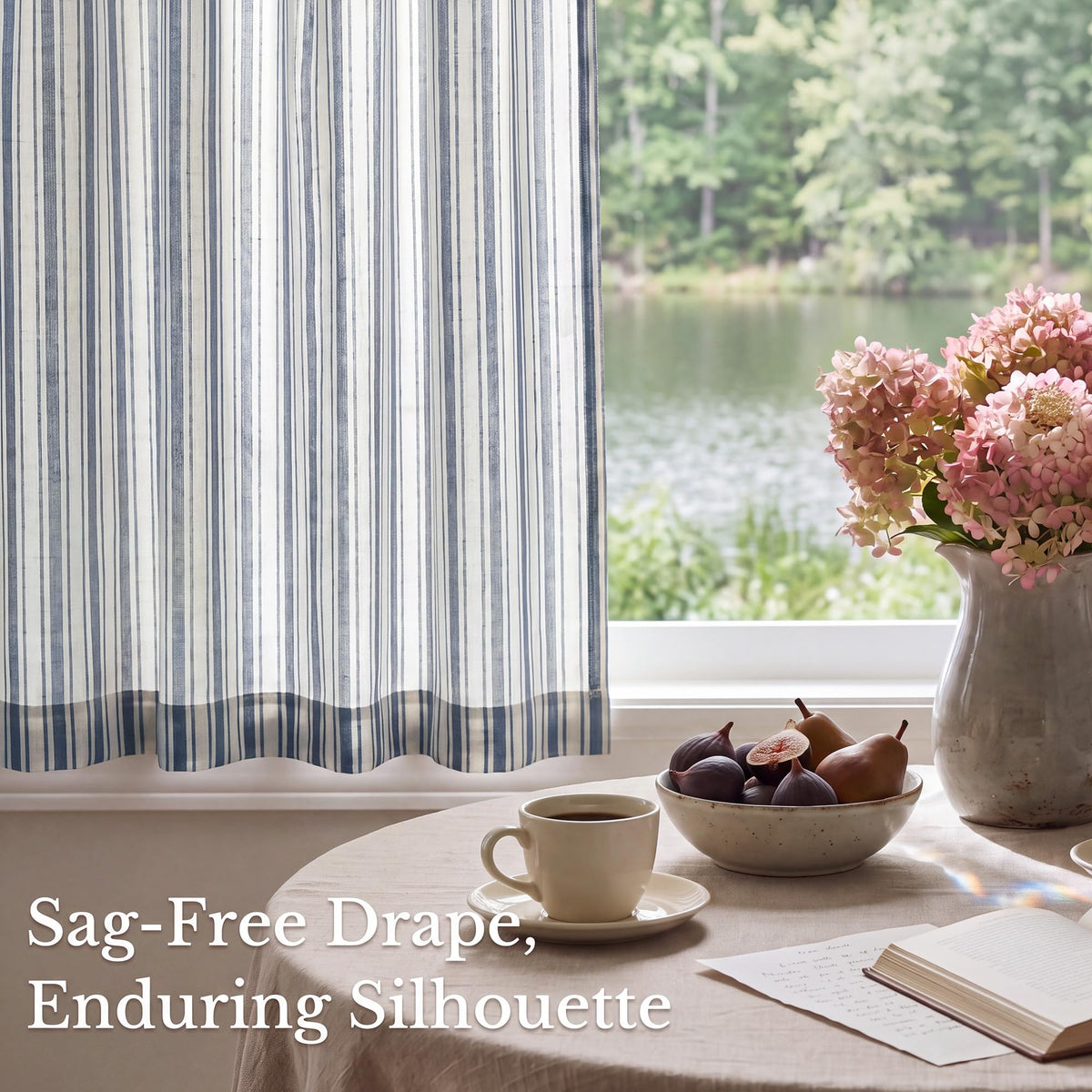 NICETOWN Beige Linen Striped Cafe Curtains 24 inches Long for Window