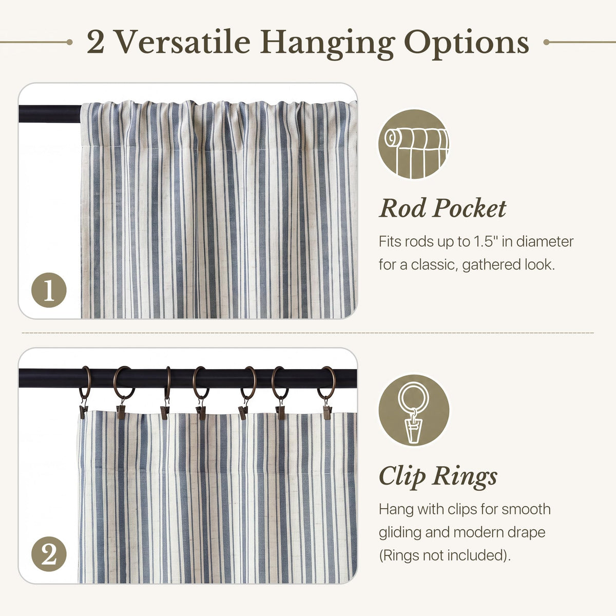 NICETOWN Beige Linen Striped Cafe Curtains 24 inches Long for Window