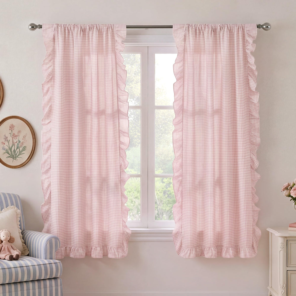 NICETOWN Sage Green Buffalo Plaid Ruffle Curtains 84 Inches Long for Bedroom, Privacy Linen Sheer Rococo Shabby Chic Window Gingham Drapes for Living Room, Rod Pocket, 40" W x 84" L, 2 Panels