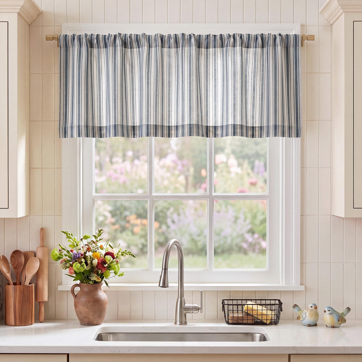 NICETOWN Beige Linen Striped Cafe Curtains 24 inches Long for Window