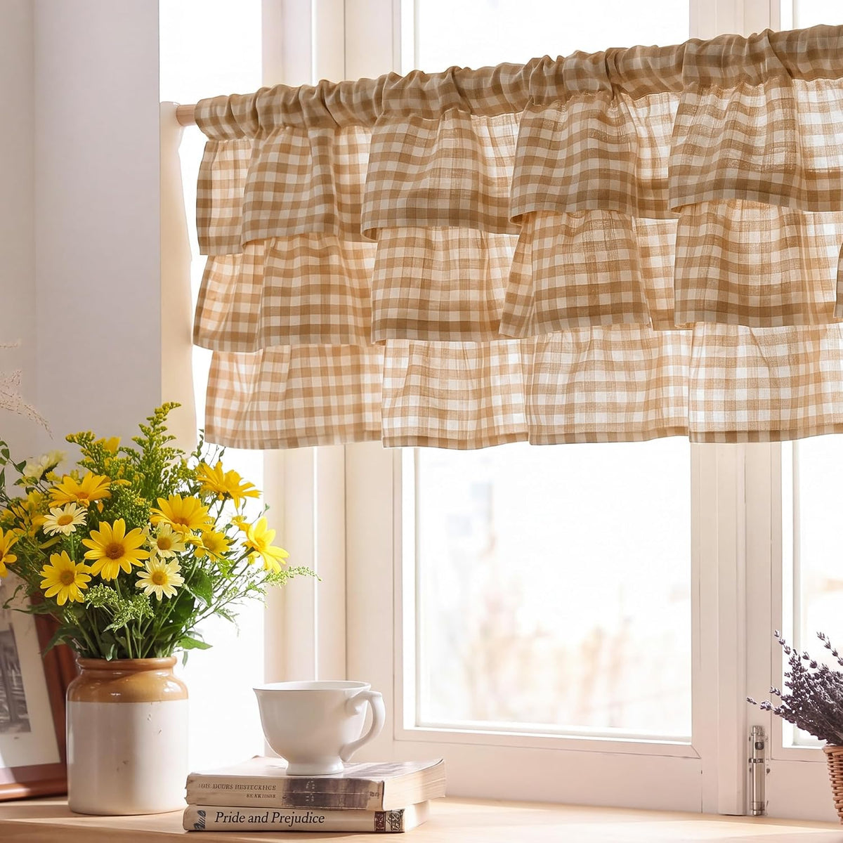 NICETOWN Taupe Linen Ruffle Gingham Plaid Valances for Windows, 1 Panel