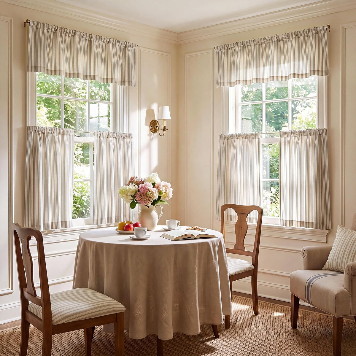 NICETOWN Beige Linen Striped Cafe Curtains 24 inches Long for Window