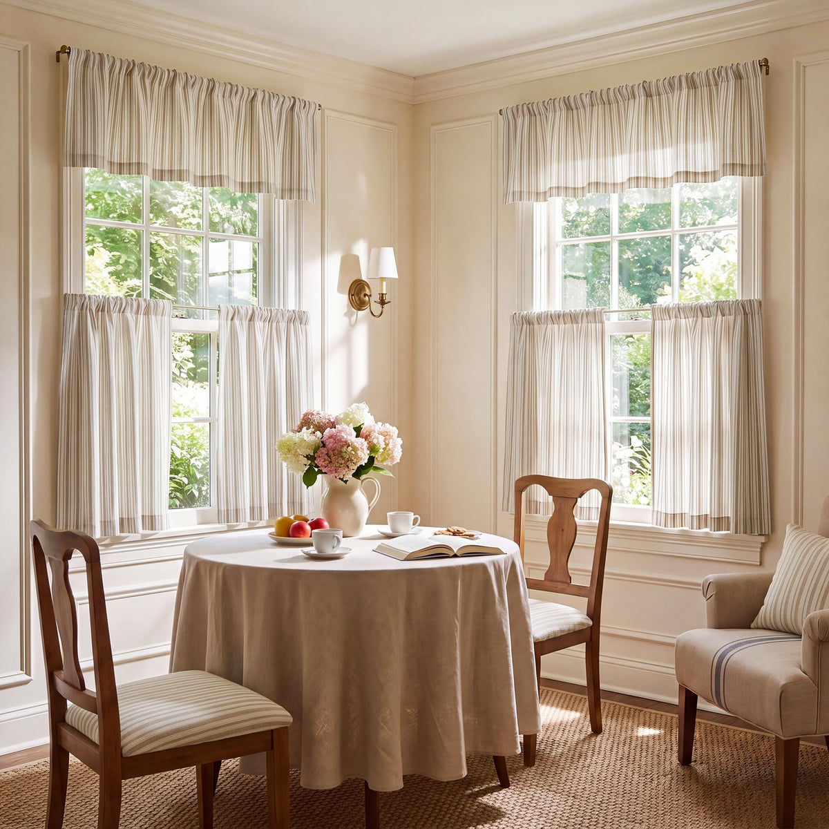 NICETOWN Beige Linen Striped Cafe Curtains 24 inches Long for Window
