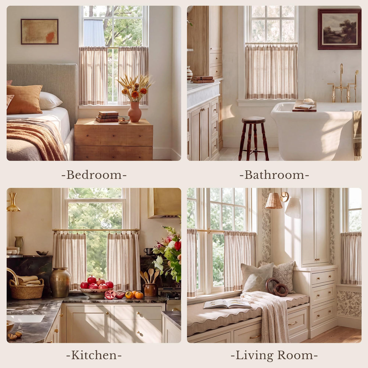 NICETOWN Beige Linen Striped Cafe Curtains 24 inches Long for Window