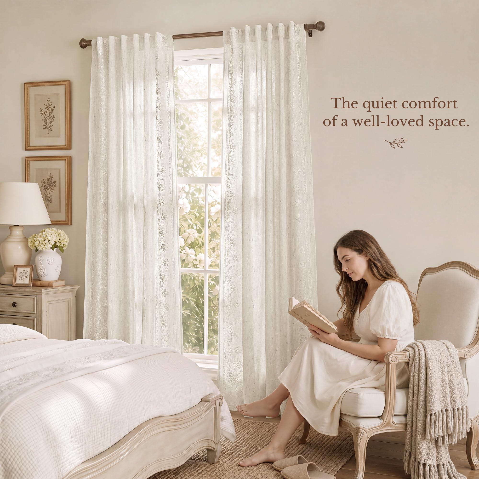 Floral Embroidered Linen Ready Made Curtains - Pair