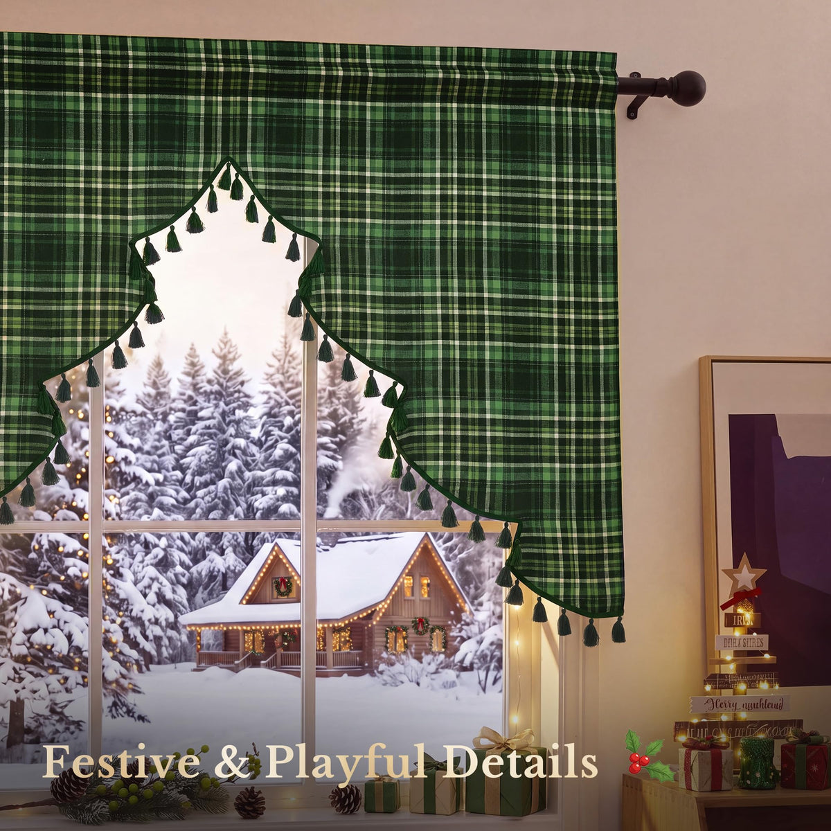 NICETOWN Red Christmas Tree Vintage Plaid Pom-Poms Valance, 42Wx36L, 1PC