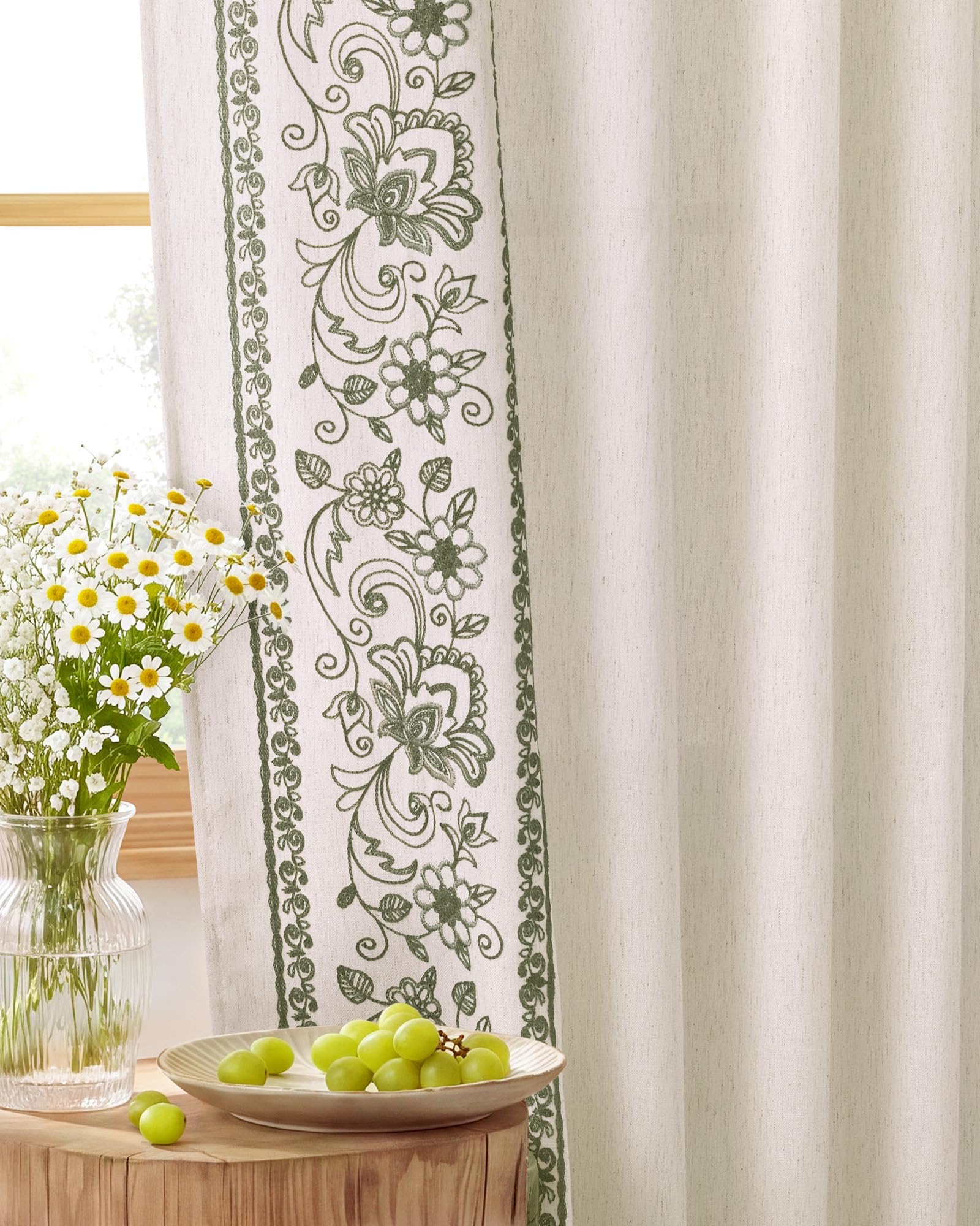 Floral Embroidered Linen Ready Made Curtains - Pair