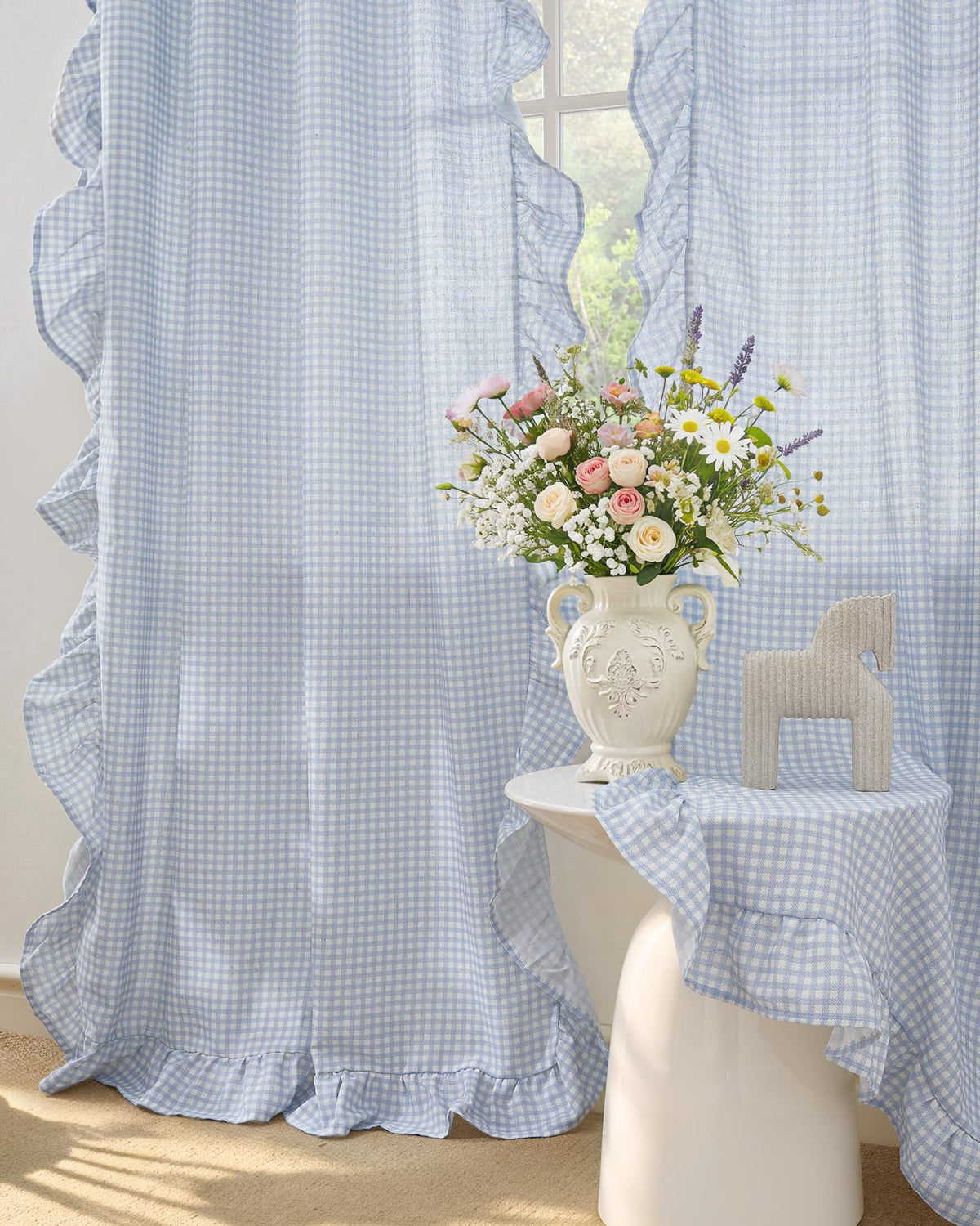 NICETOWN Sage Green Buffalo Plaid Ruffle Curtains 84 Inches Long for Bedroom, Privacy Linen Sheer Rococo Shabby Chic Window Gingham Drapes for Living Room, Rod Pocket, 40" W x 84" L, 2 Panels