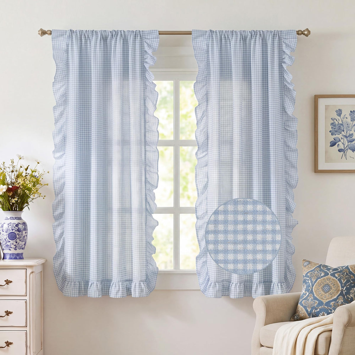 NICETOWN Sage Green Buffalo Plaid Ruffle Curtains 84 Inches Long for Bedroom, Privacy Linen Sheer Rococo Shabby Chic Window Gingham Drapes for Living Room, Rod Pocket, 40" W x 84" L, 2 Panels