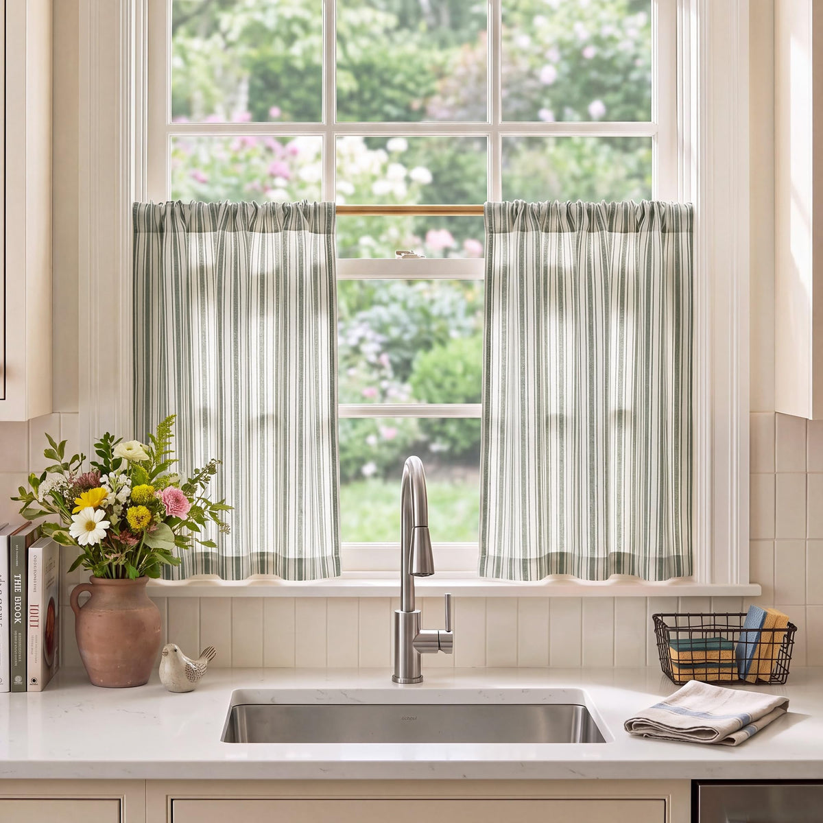 NICETOWN Beige Linen Striped Cafe Curtains 24 inches Long for Window