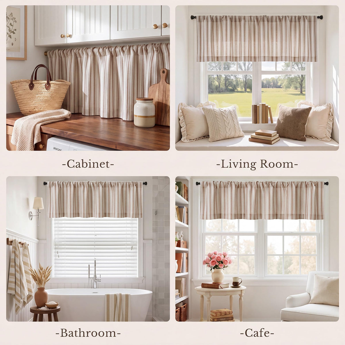 NICETOWN Beige Linen Striped Cafe Curtains 24 inches Long for Window