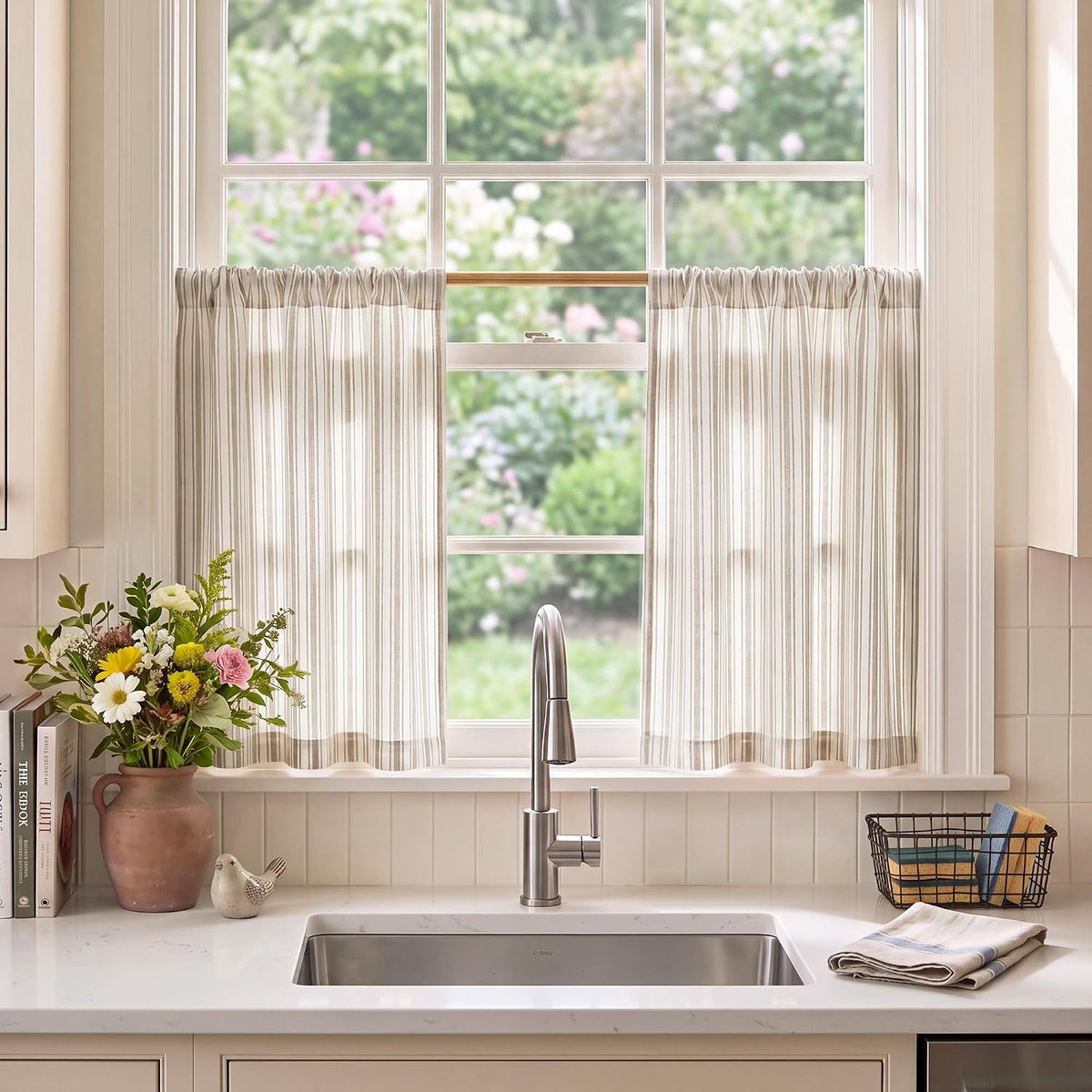 NICETOWN Beige Linen Striped Cafe Curtains 24 inches Long for Window