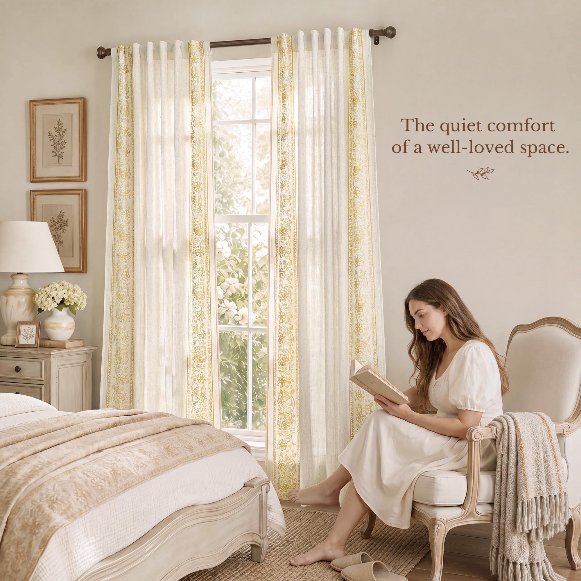 Floral Embroidered Linen Ready Made Curtains - Pair