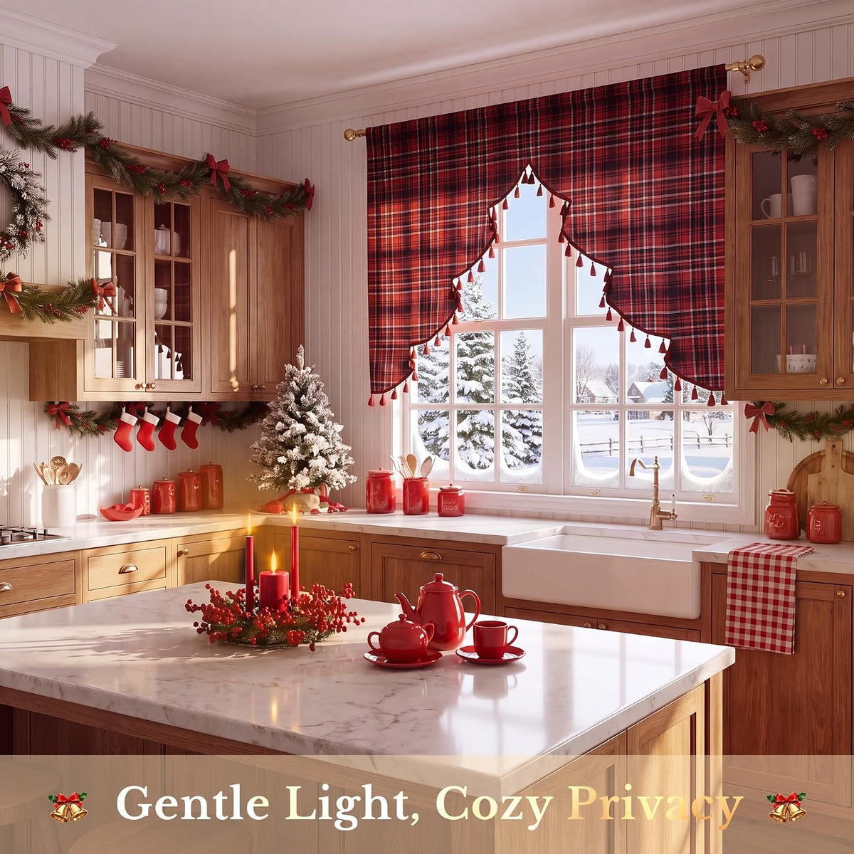 NICETOWN Red Christmas Tree Vintage Plaid Pom-Poms Valance, 42Wx36L, 1PC