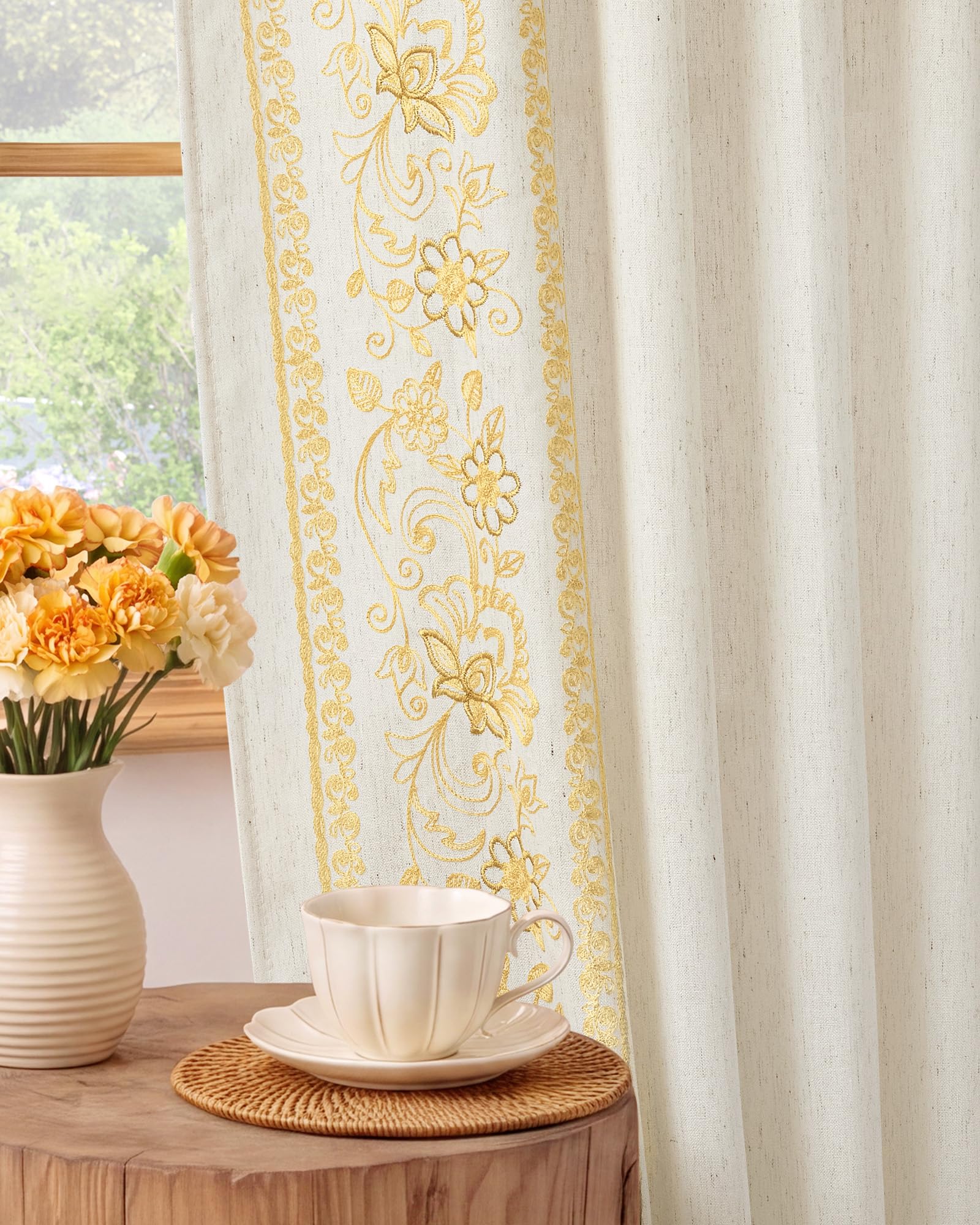 Floral Embroidered Linen Ready Made Curtains - Pair