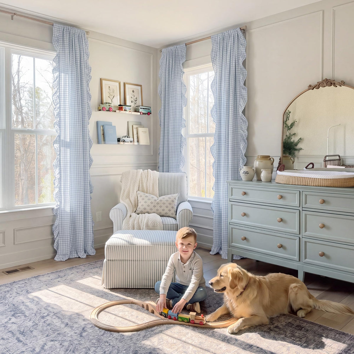 NICETOWN Sage Green Buffalo Plaid Ruffle Curtains 84 Inches Long for Bedroom, Privacy Linen Sheer Rococo Shabby Chic Window Gingham Drapes for Living Room, Rod Pocket, 40" W x 84" L, 2 Panels
