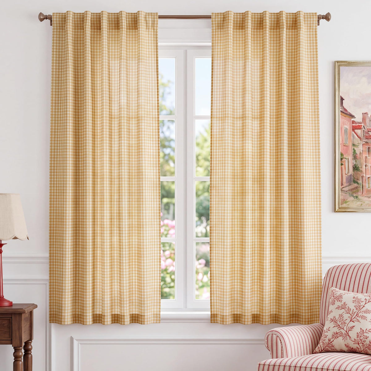 NICETOWN Creamy Yellow Buffalo Plaid Linen Rustic Curtains 84 Inches Long