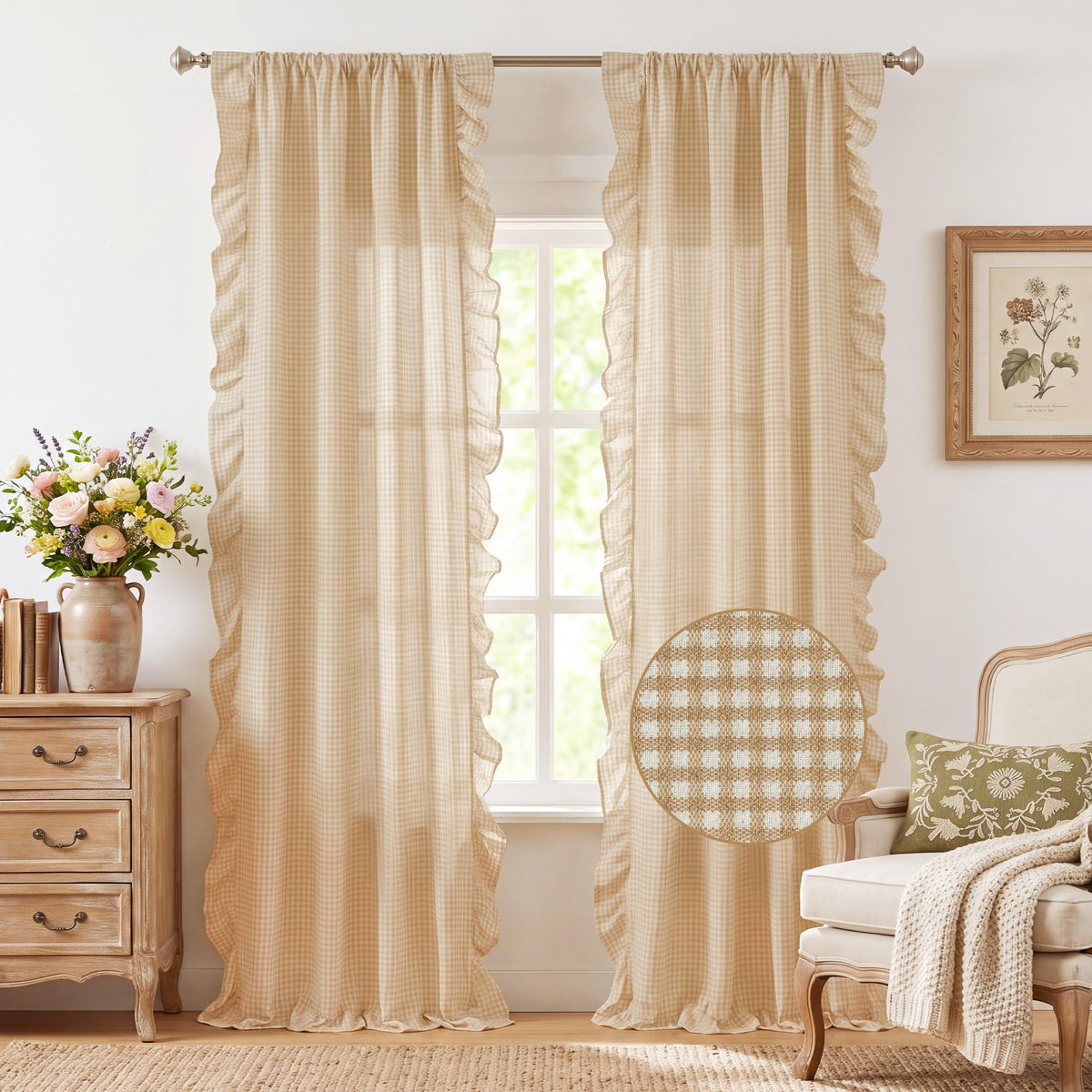 NICETOWN Sage Green Buffalo Plaid Ruffle Curtains 84 Inches Long for Bedroom, Privacy Linen Sheer Rococo Shabby Chic Window Gingham Drapes for Living Room, Rod Pocket, 40" W x 84" L, 2 Panels
