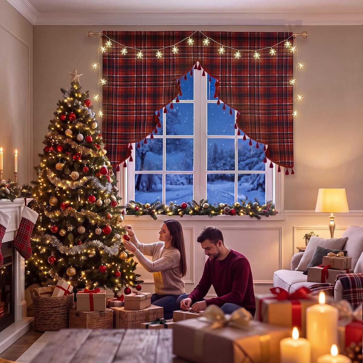 NICETOWN Red Christmas Tree Vintage Plaid Pom-Poms Valance, 42Wx36L, 1PC