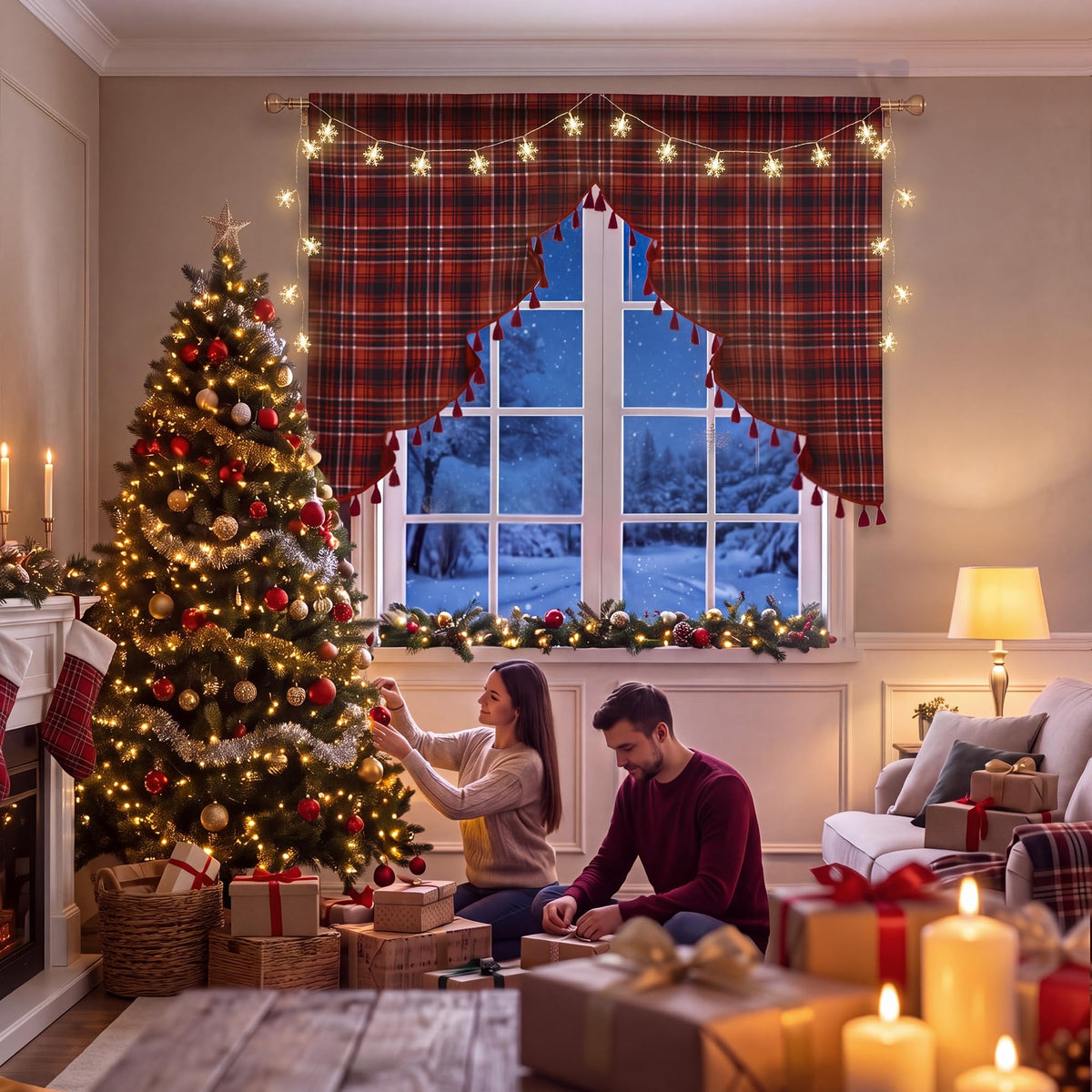 NICETOWN Red Christmas Tree Vintage Plaid Pom-Poms Valance, 42Wx36L, 1PC