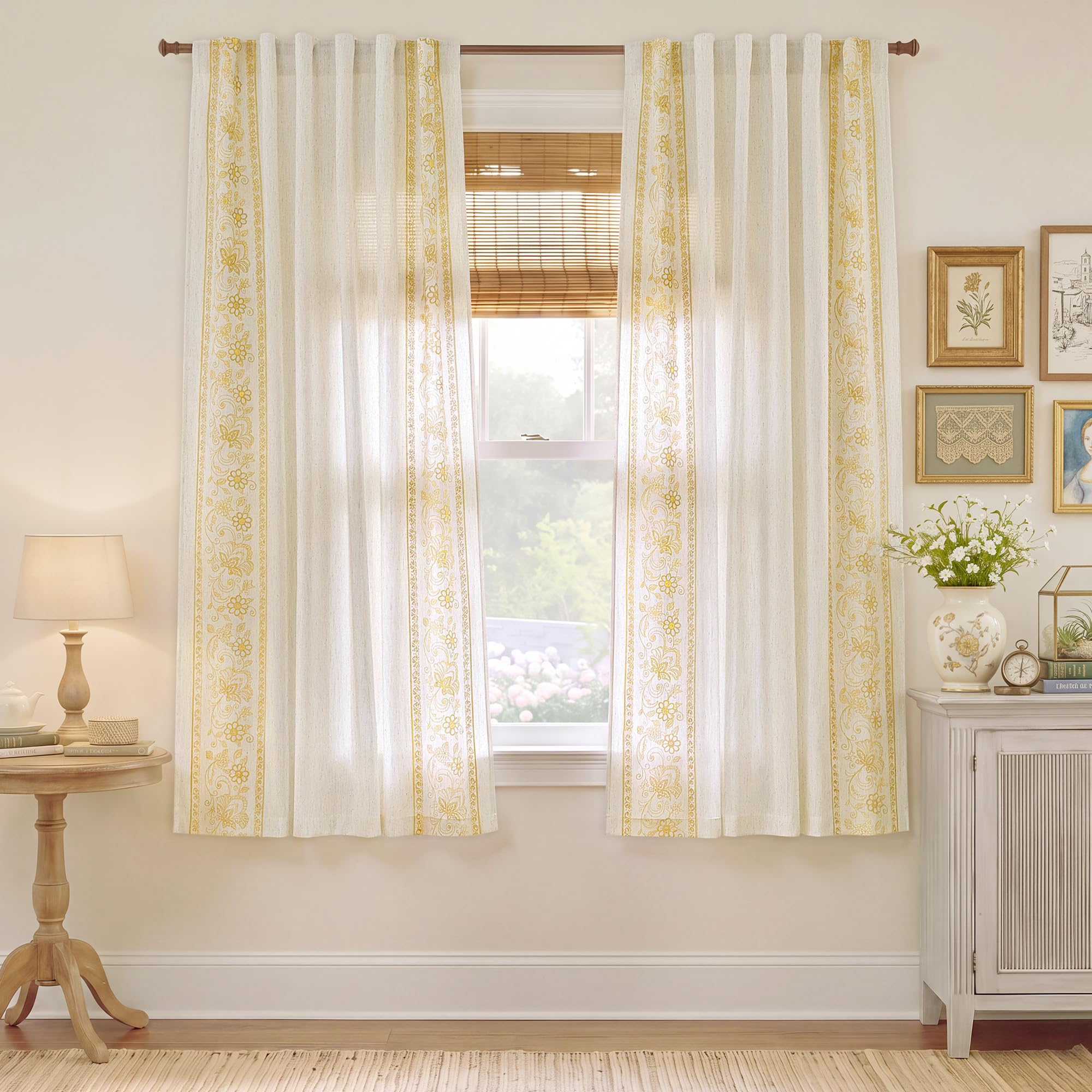 Floral Embroidered Linen Ready Made Curtains - Pair
