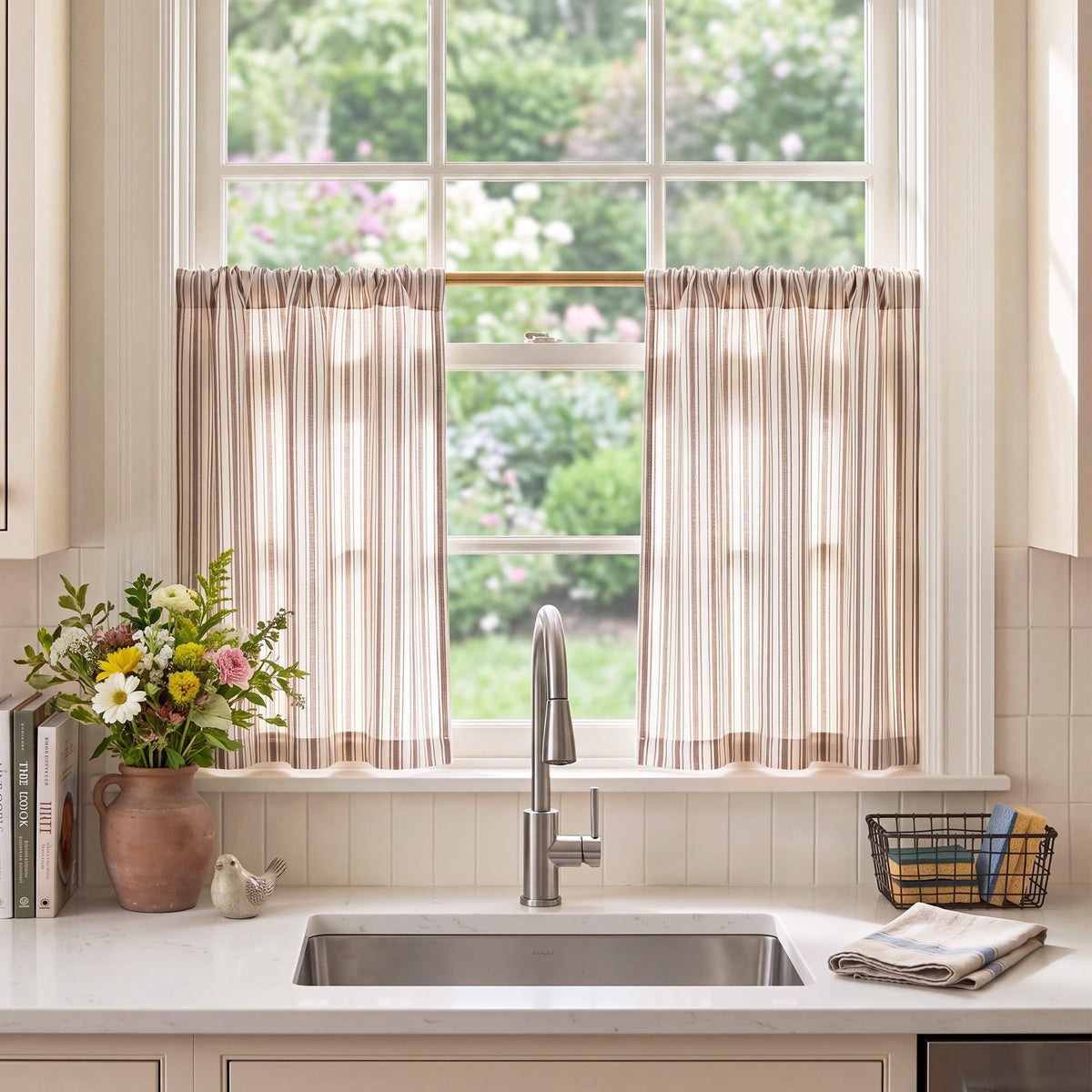 NICETOWN Beige Linen Striped Cafe Curtains 24 inches Long for Window
