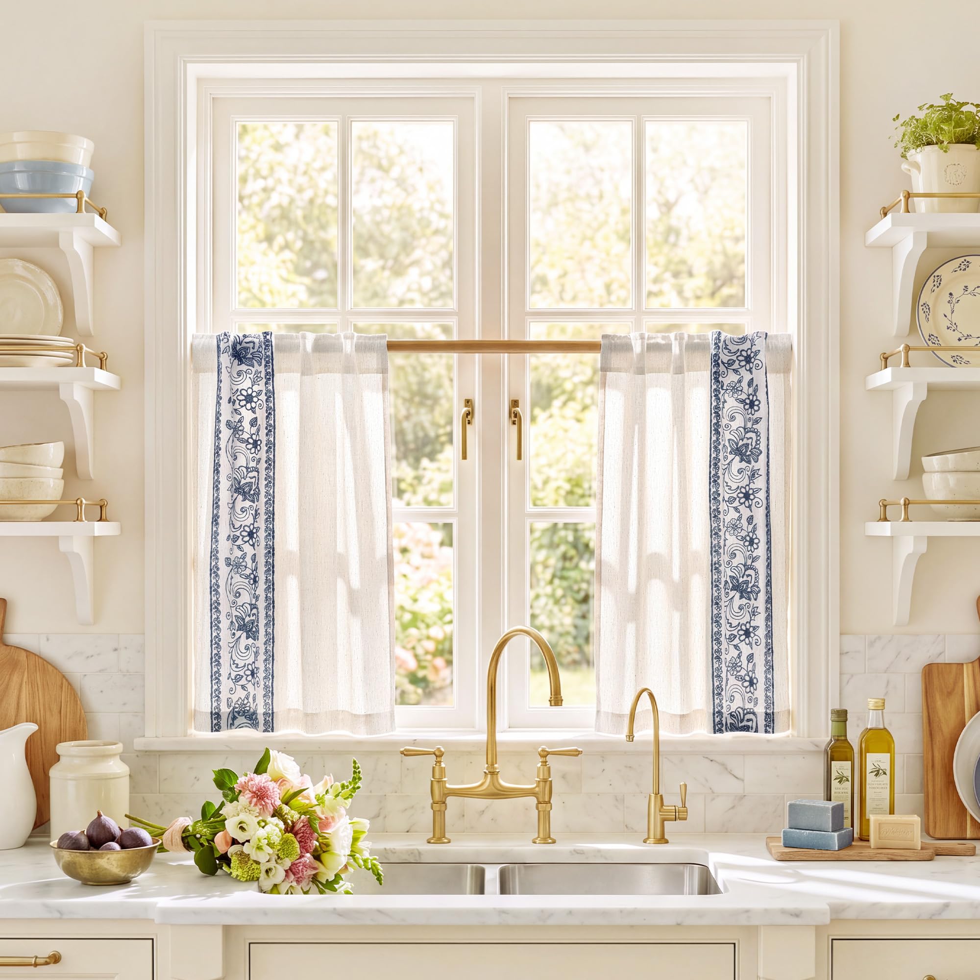 Floral Embroidered Linen Ready Made Curtains - Pair