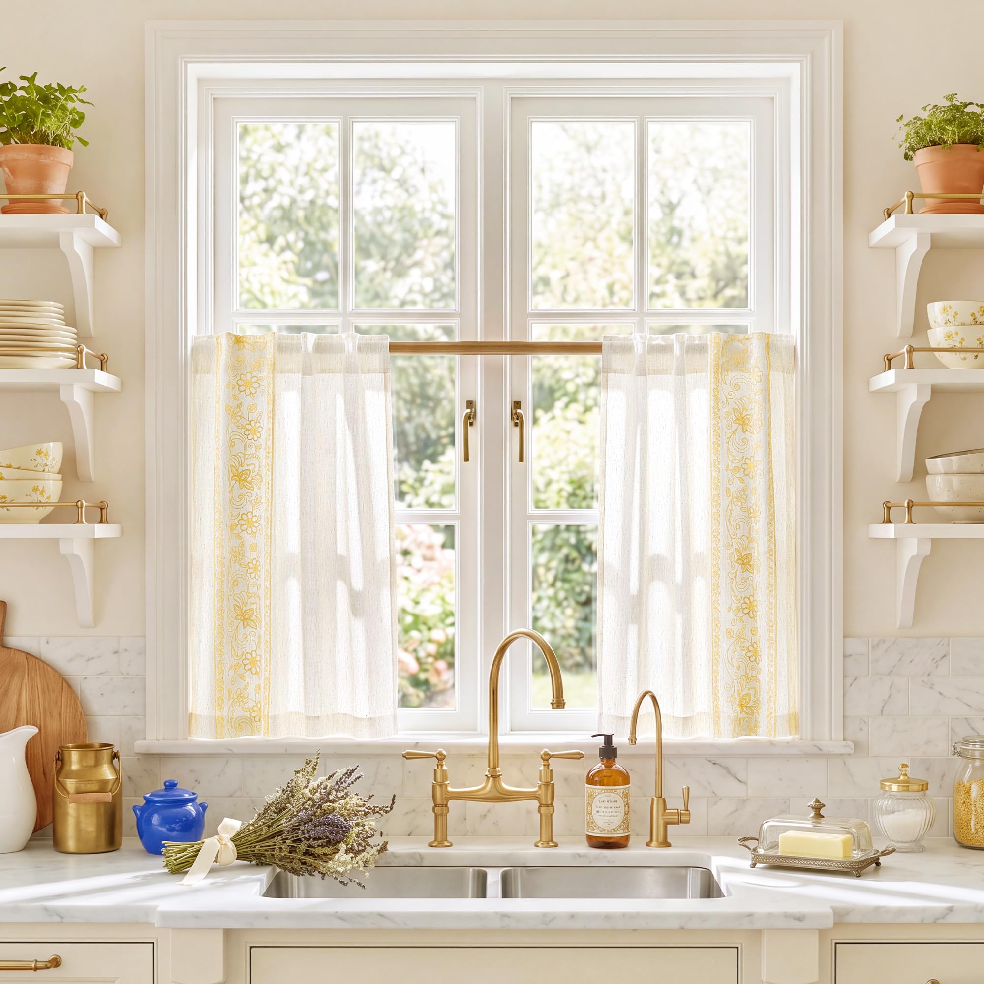 Floral Embroidered Linen Ready Made Curtains - Pair