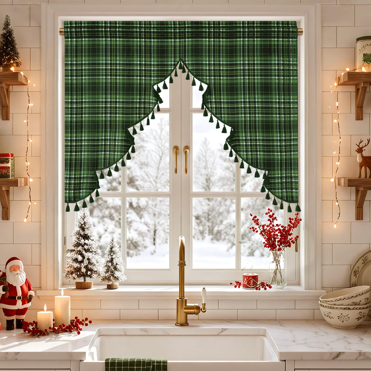 NICETOWN Red Christmas Tree Vintage Plaid Pom-Poms Valance, 42Wx36L, 1PC