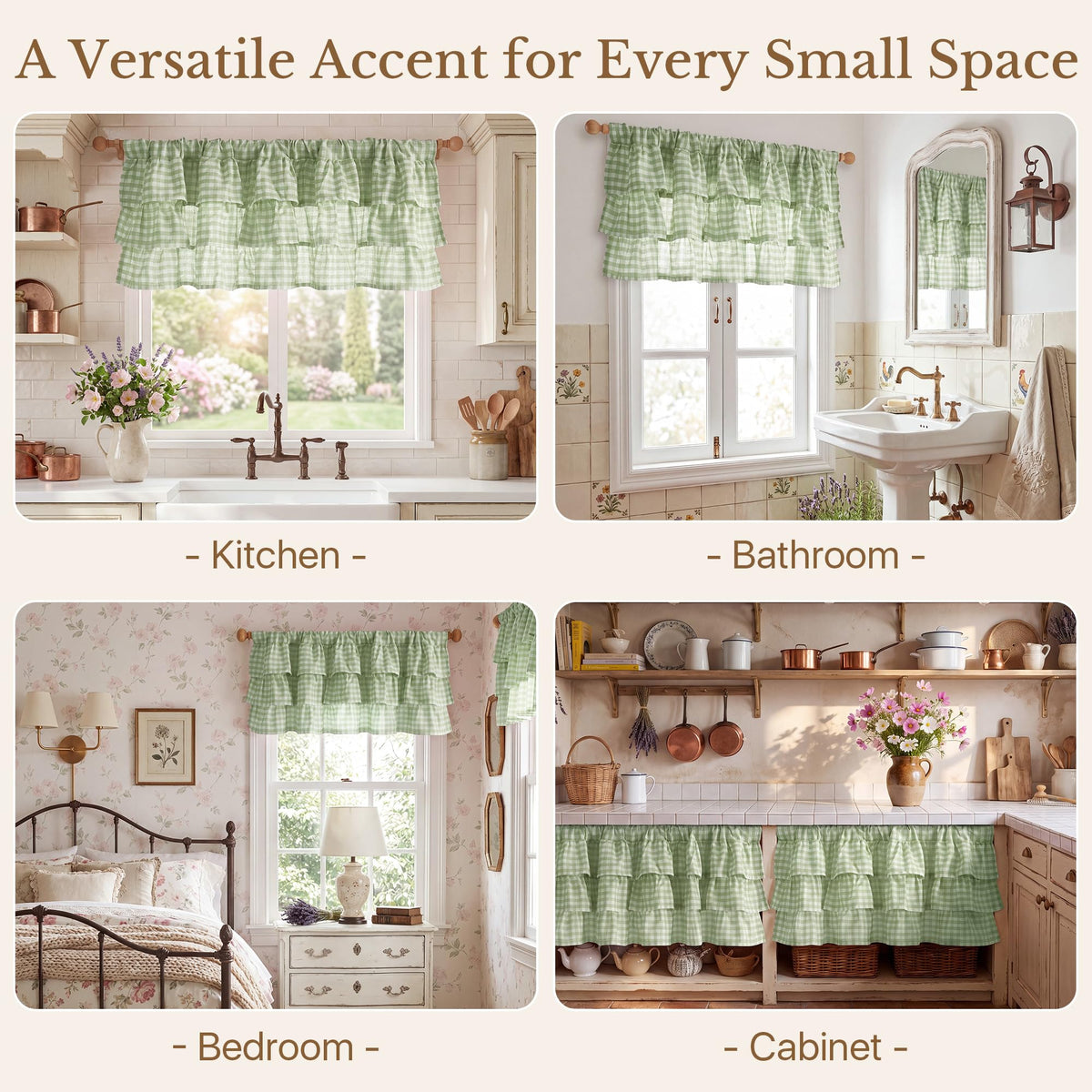 NICETOWN Taupe Linen Ruffle Gingham Plaid Valances for Windows, 1 Panel