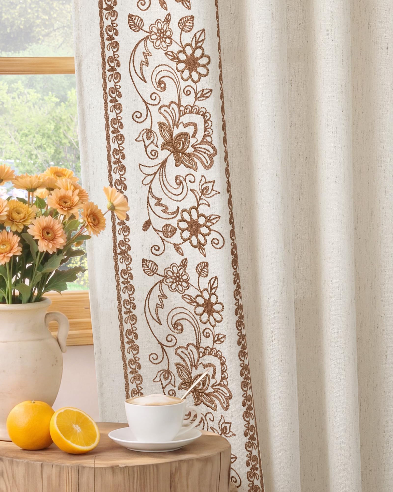 Floral Embroidered Linen Ready Made Curtains - Pair