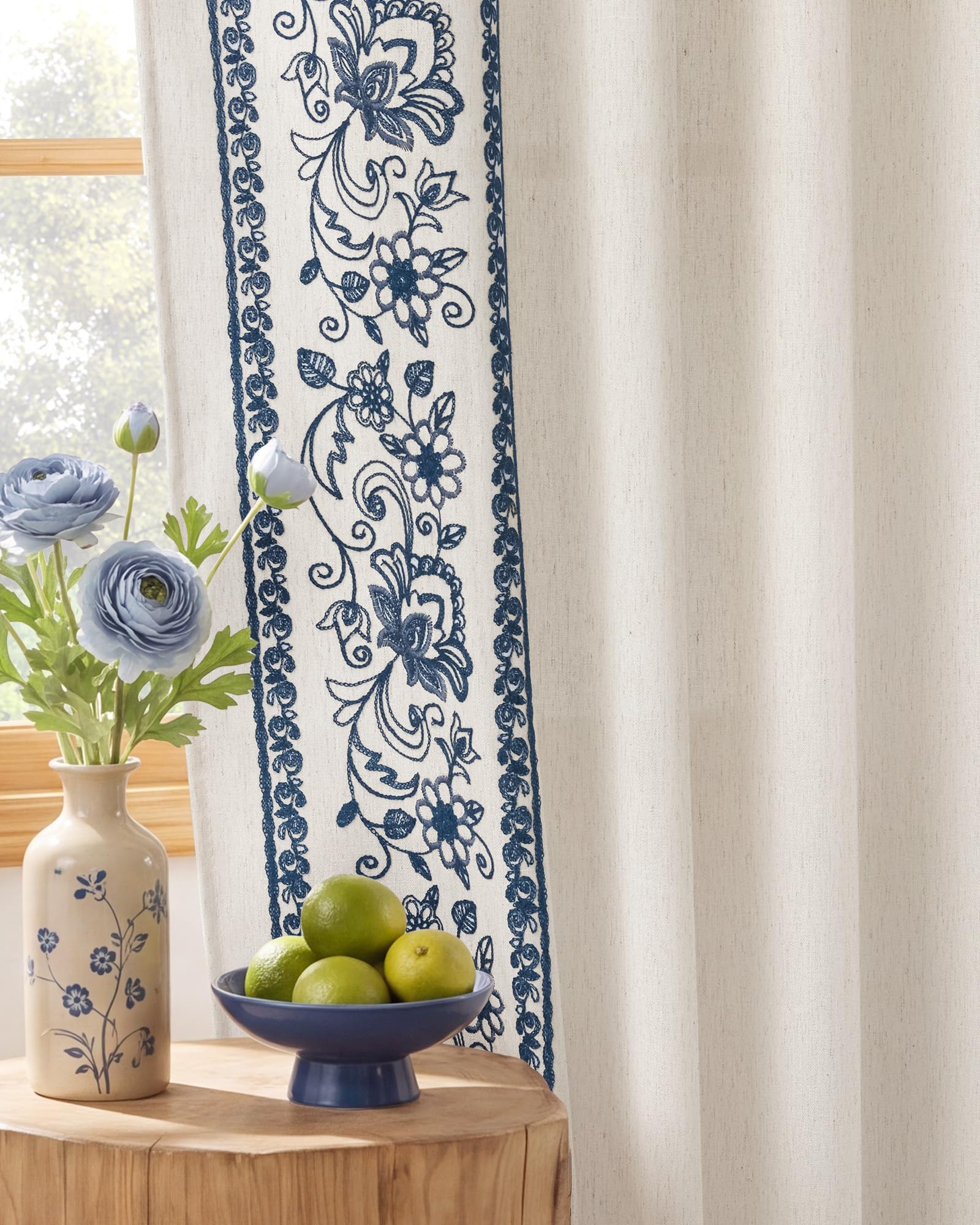Floral Embroidered Linen Ready Made Curtains - Pair