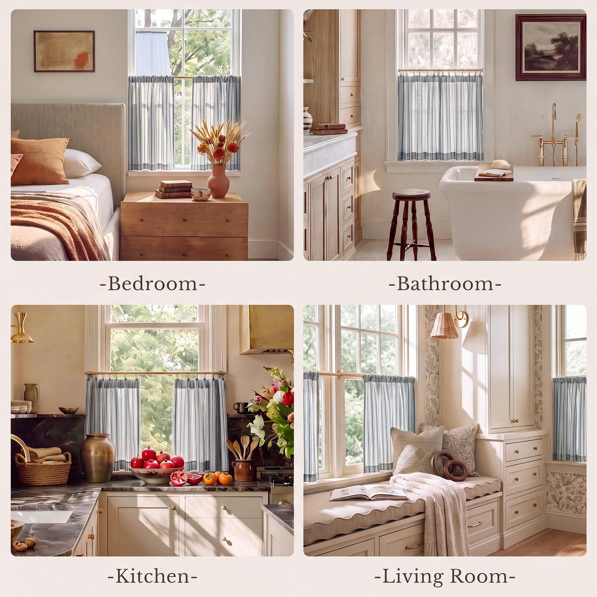 NICETOWN Beige Linen Striped Cafe Curtains 24 inches Long for Window