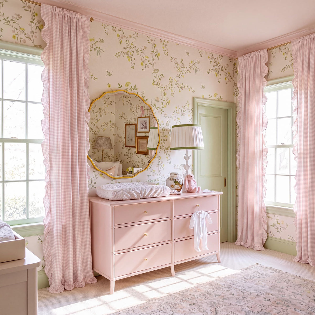 NICETOWN Sage Green Buffalo Plaid Ruffle Curtains 84 Inches Long for Bedroom, Privacy Linen Sheer Rococo Shabby Chic Window Gingham Drapes for Living Room, Rod Pocket, 40" W x 84" L, 2 Panels