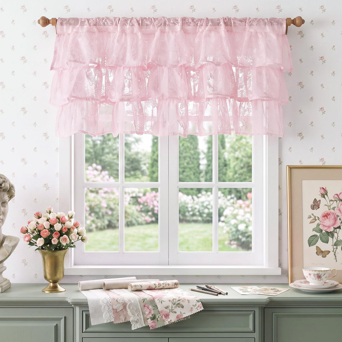 NICETOWN Blush Pink Lace Ruffle Valance Curtain, 1 Panel W52 x L18 Inch, Country Rustic Floral Sheer Valance for Kitchen/Girls Room Window, Rod Pocket Privacy Light Filtering