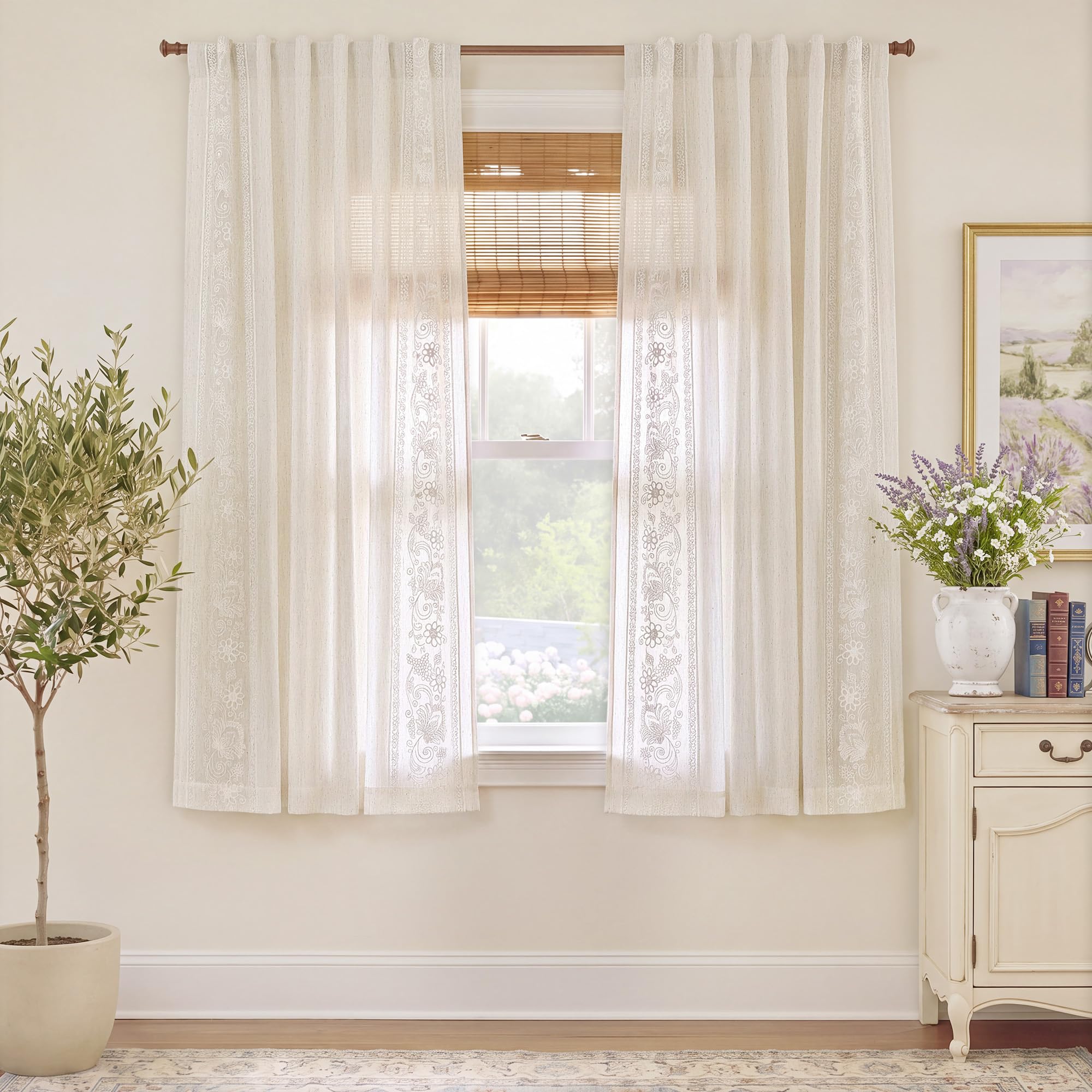 Floral Embroidered Linen Ready Made Curtains - Pair