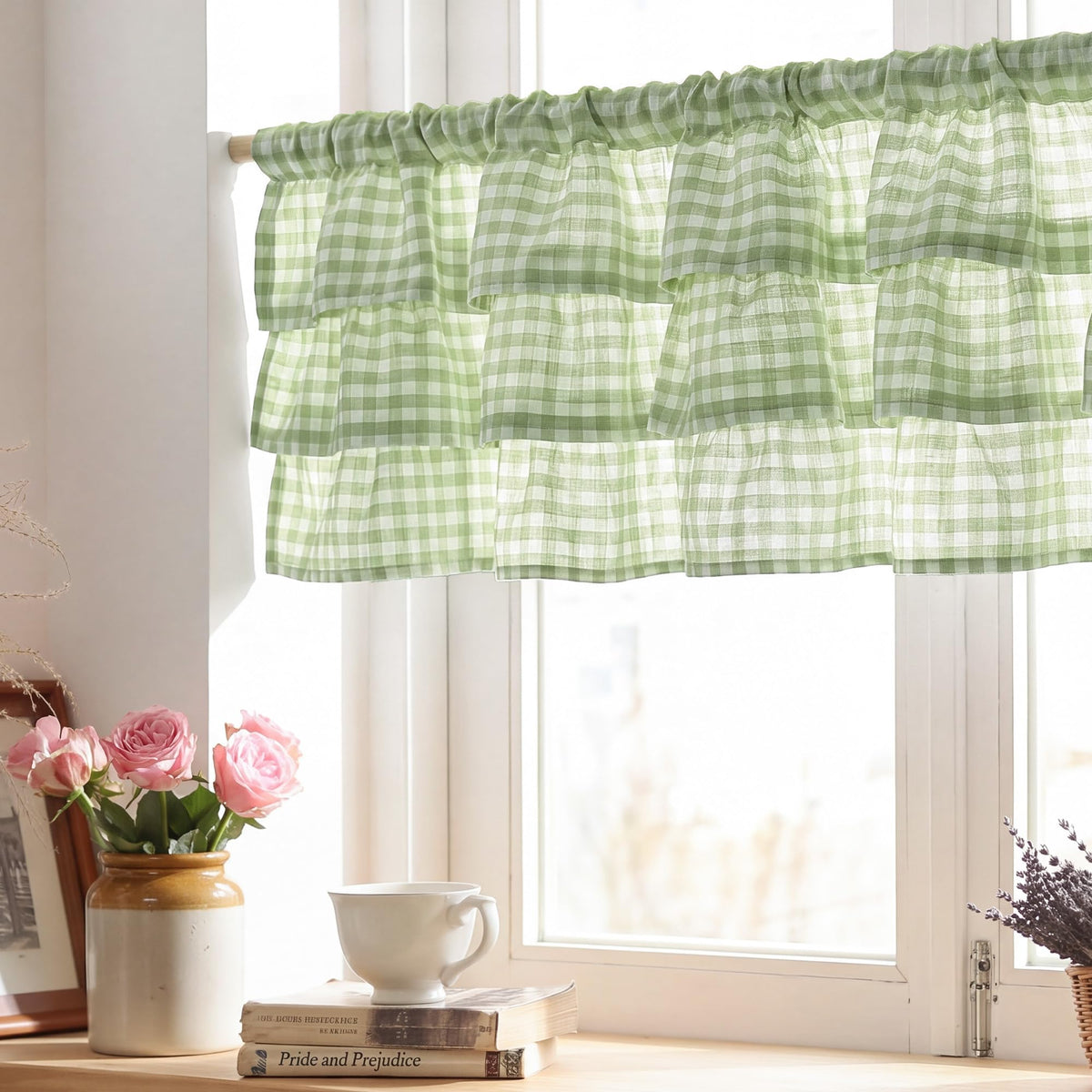 NICETOWN Taupe Linen Ruffle Gingham Plaid Valances for Windows, 1 Panel