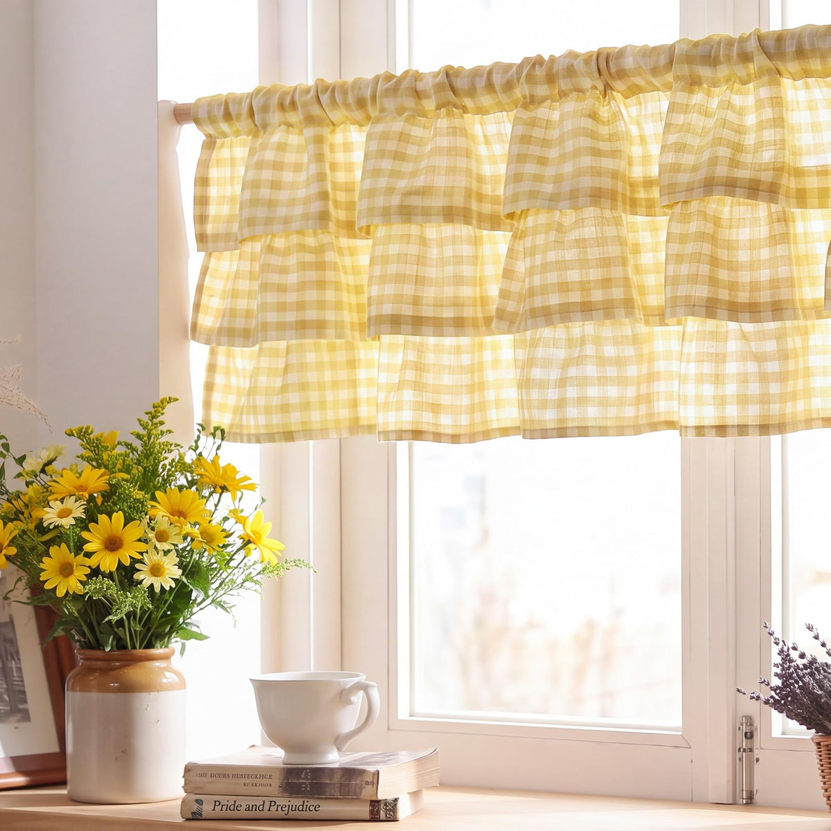 NICETOWN Taupe Linen Ruffle Gingham Plaid Valances for Windows, 1 Panel