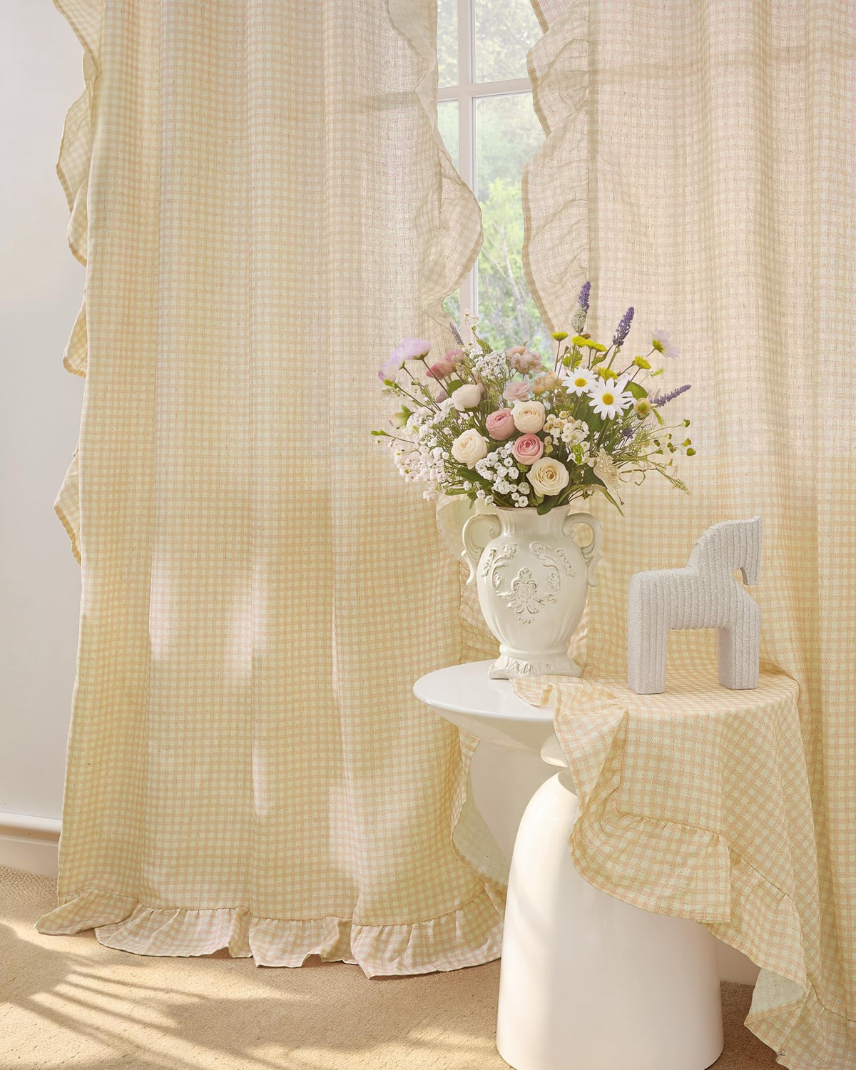 NICETOWN Sage Green Buffalo Plaid Ruffle Curtains 84 Inches Long for Bedroom, Privacy Linen Sheer Rococo Shabby Chic Window Gingham Drapes for Living Room, Rod Pocket, 40" W x 84" L, 2 Panels