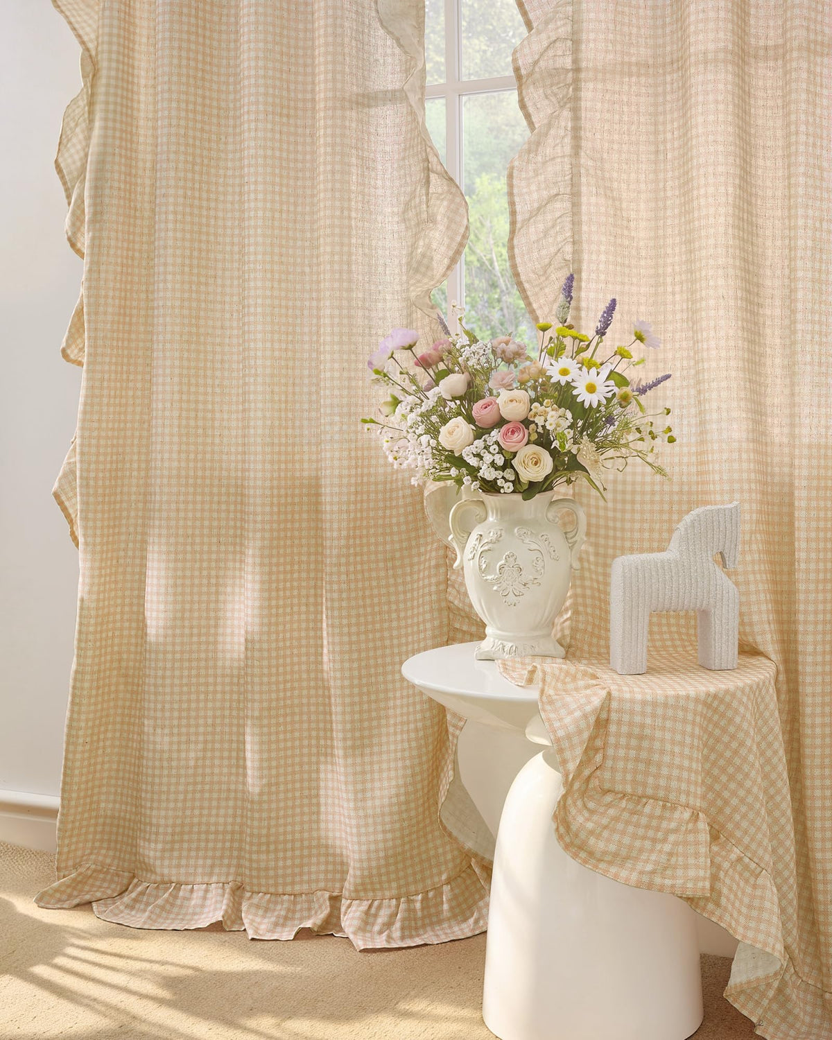 NICETOWN Sage Green Buffalo Plaid Ruffle Curtains 84 Inches Long for Bedroom, Privacy Linen Sheer Rococo Shabby Chic Window Gingham Drapes for Living Room, Rod Pocket, 40" W x 84" L, 2 Panels