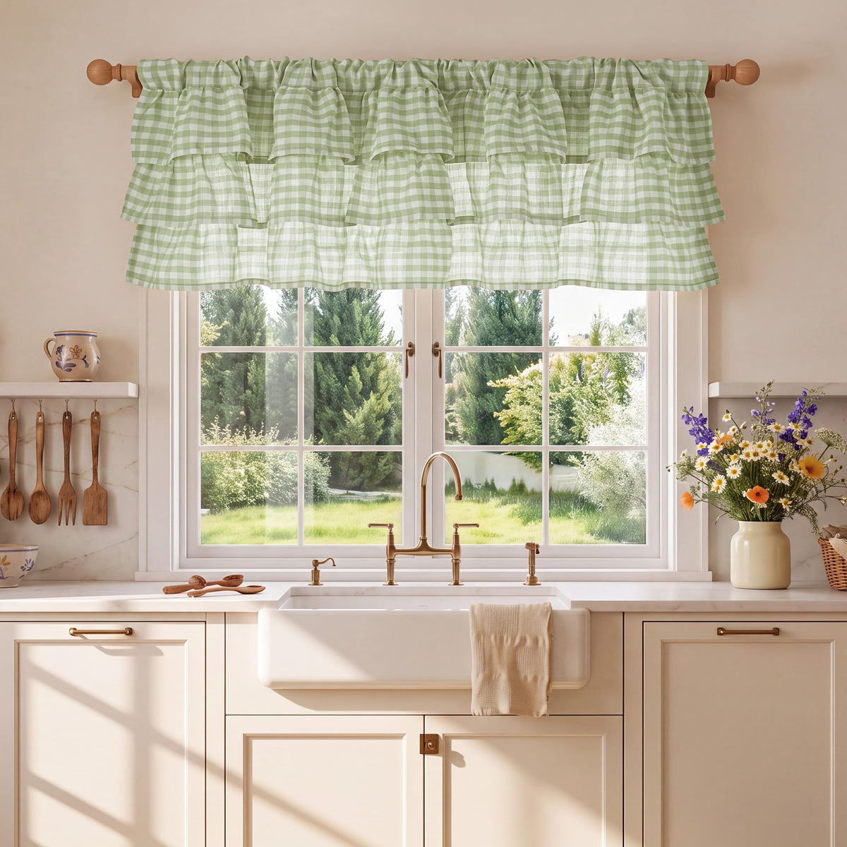NICETOWN Taupe Linen Ruffle Gingham Plaid Valances for Windows, 1 Panel