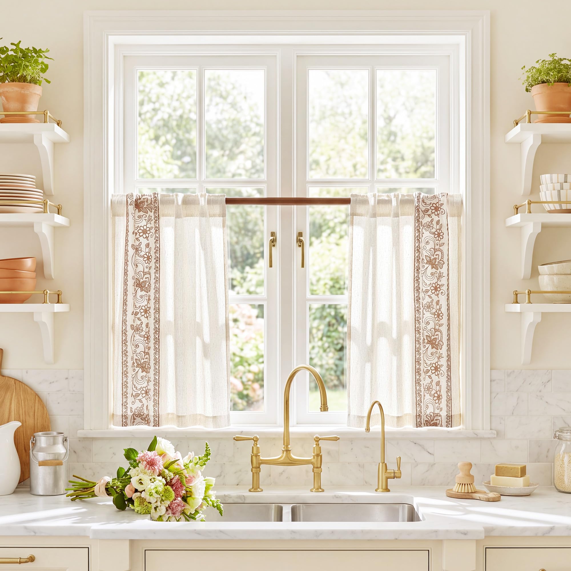Floral Embroidered Linen Ready Made Curtains - Pair