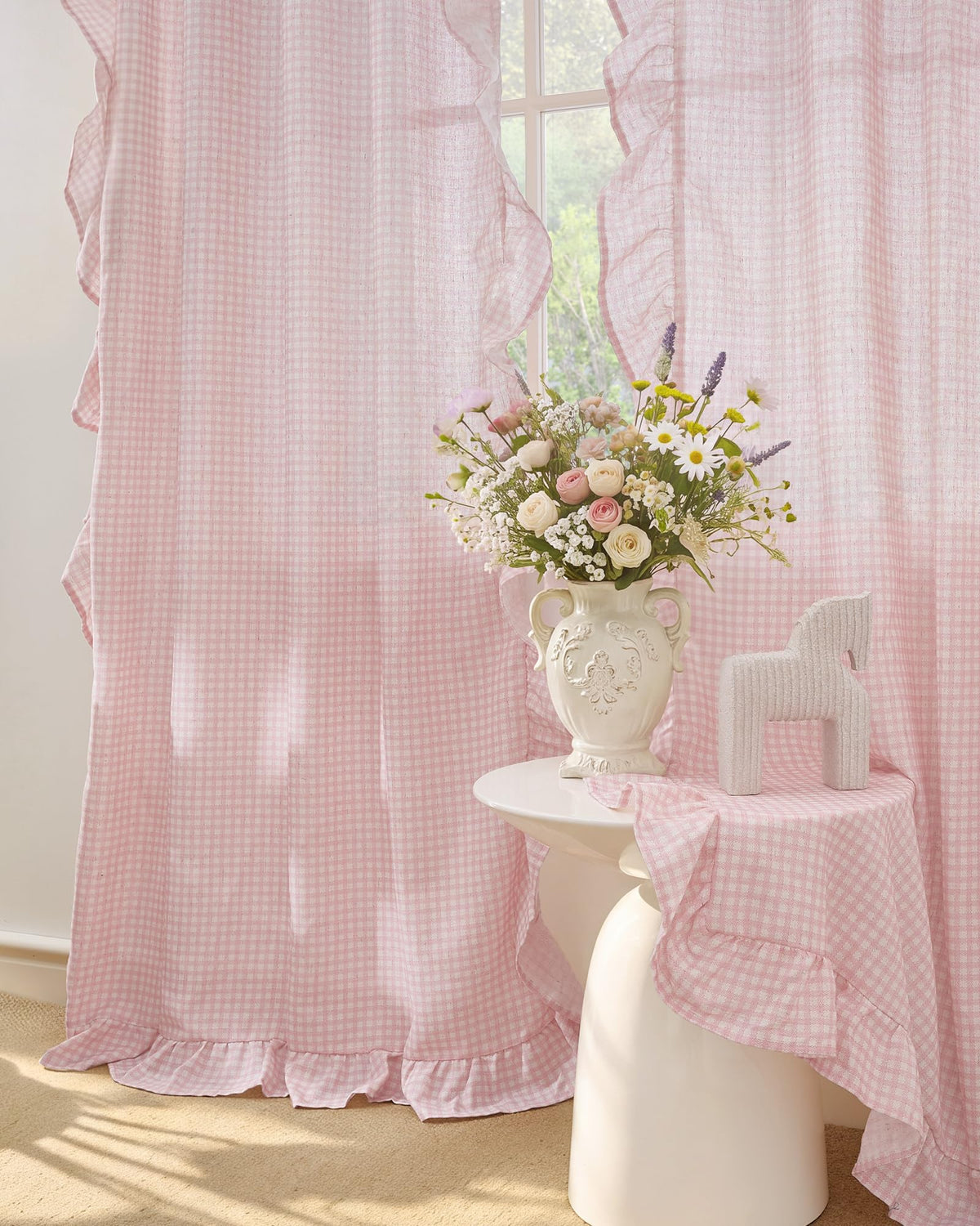 NICETOWN Sage Green Buffalo Plaid Ruffle Curtains 84 Inches Long for Bedroom, Privacy Linen Sheer Rococo Shabby Chic Window Gingham Drapes for Living Room, Rod Pocket, 40" W x 84" L, 2 Panels