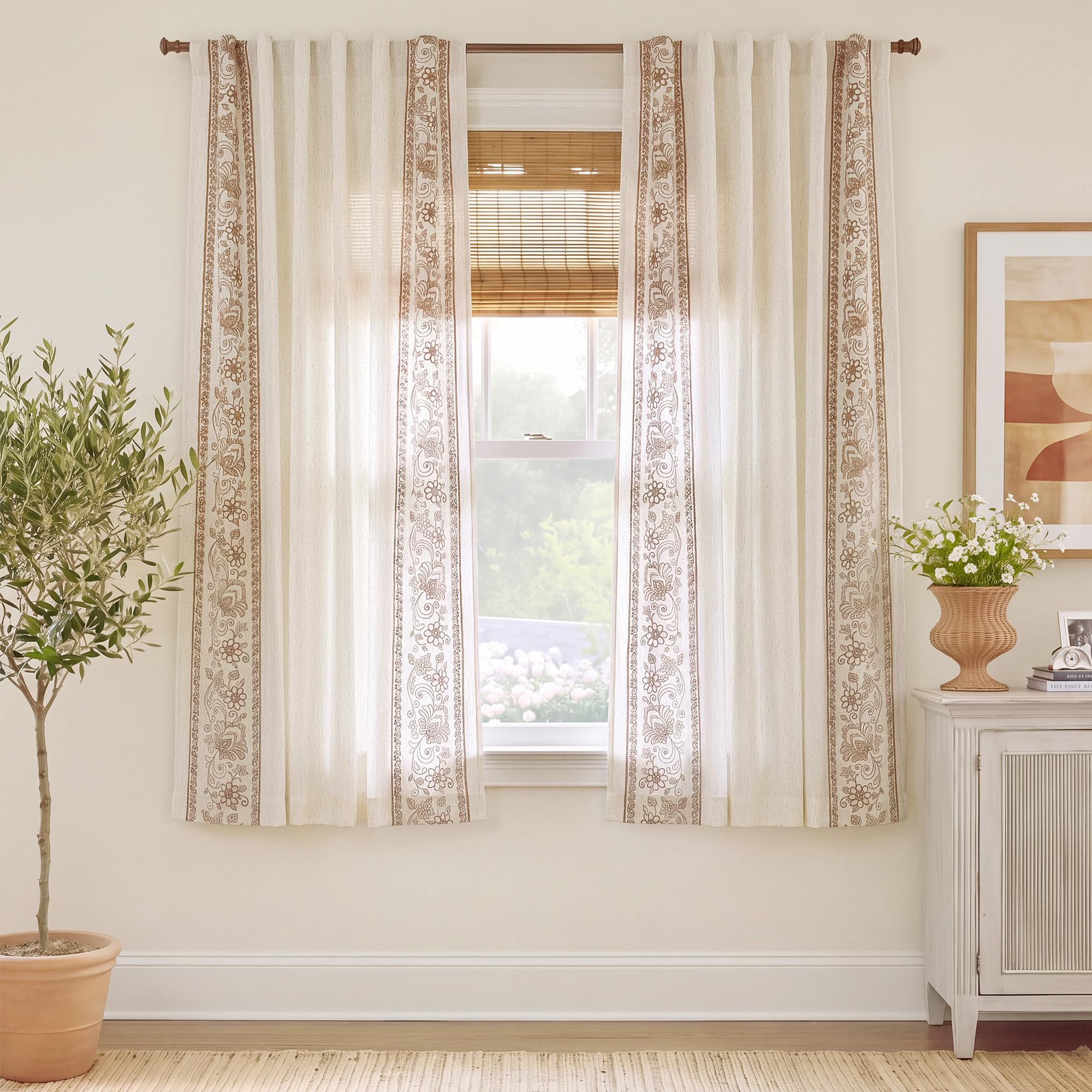 Floral Embroidered Linen Ready Made Curtains - Pair
