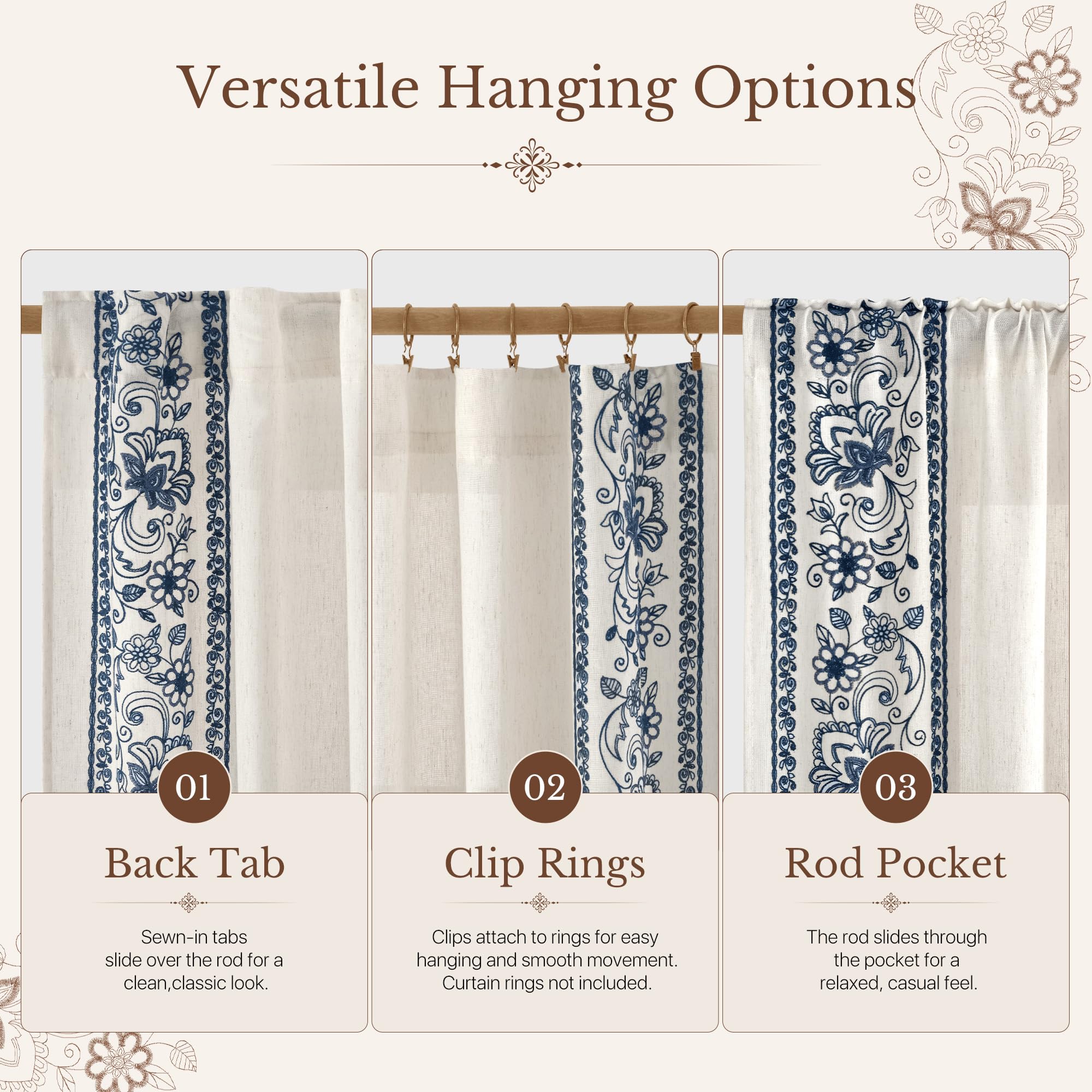 Floral Embroidered Linen Ready Made Curtains - Pair