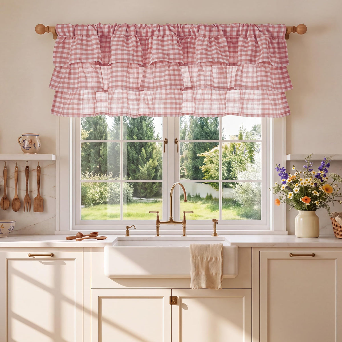 NICETOWN Taupe Linen Ruffle Gingham Plaid Valances for Windows, 1 Panel