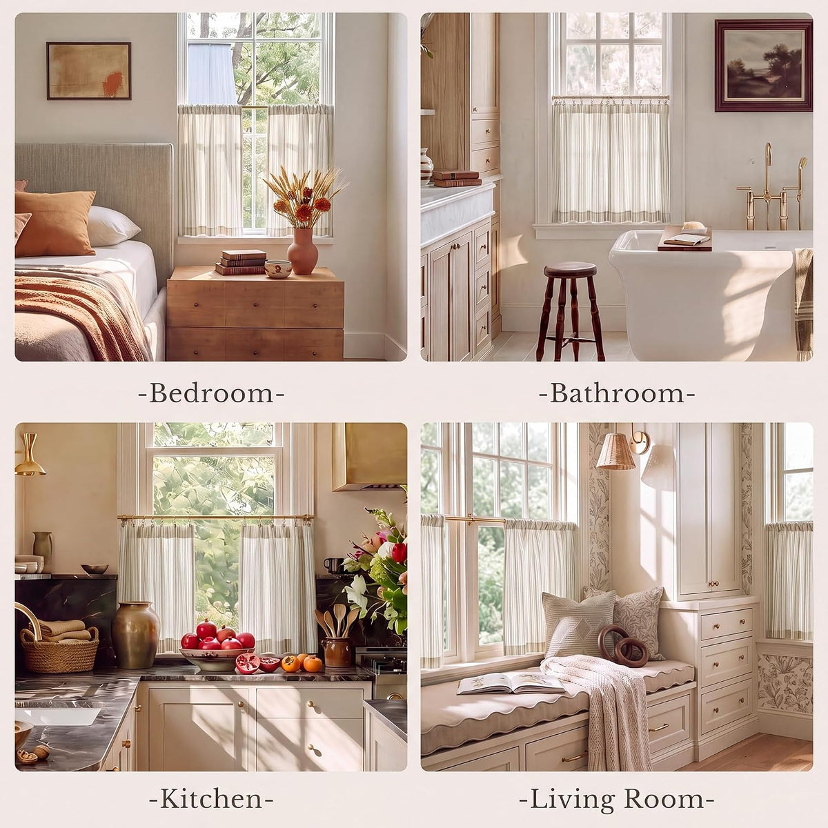 NICETOWN Beige Linen Striped Cafe Curtains 24 inches Long for Window
