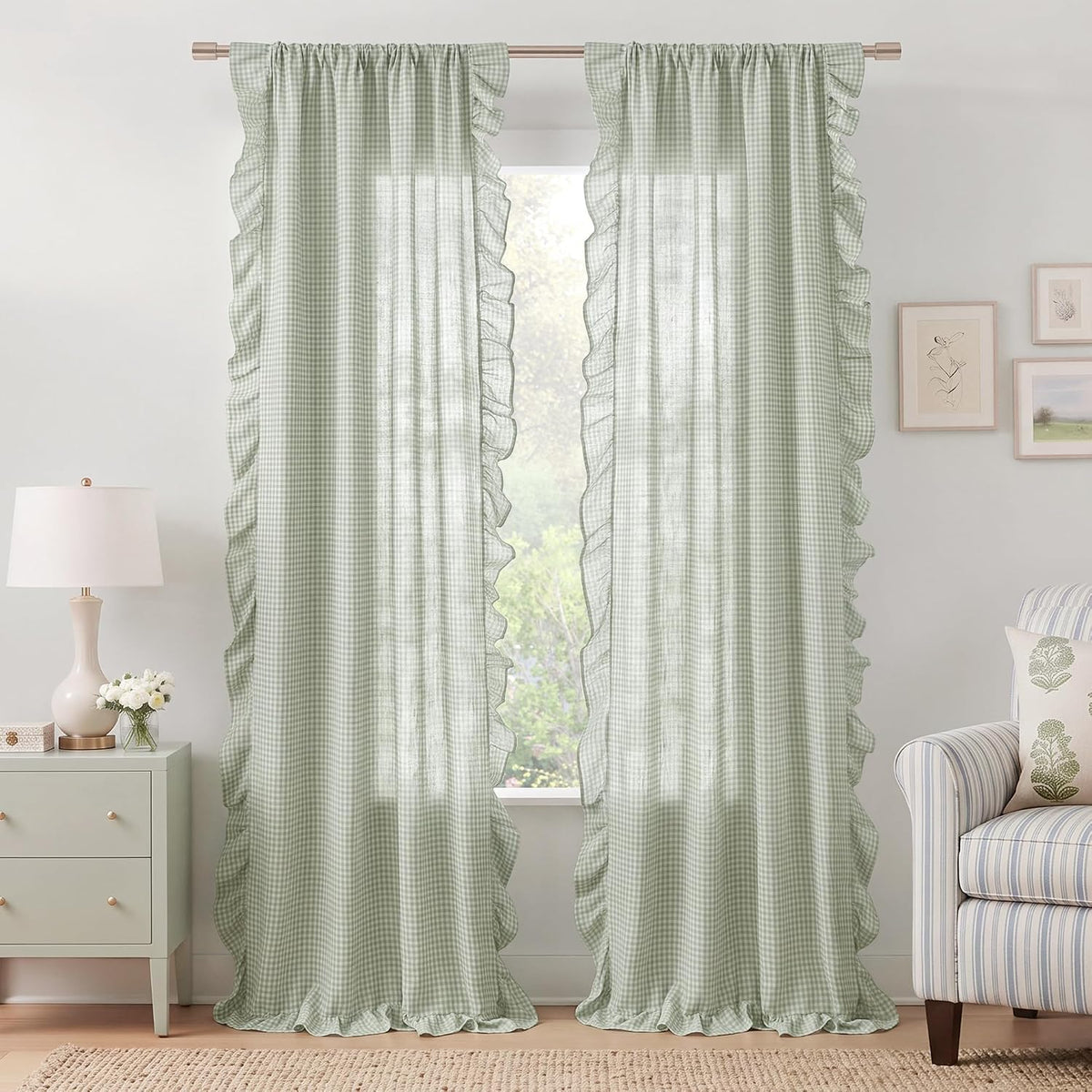 NICETOWN Sage Green Buffalo Plaid Ruffle Curtains 84 Inches Long for Bedroom, Privacy Linen Sheer Rococo Shabby Chic Window Gingham Drapes for Living Room, Rod Pocket, 40" W x 84" L, 2 Panels