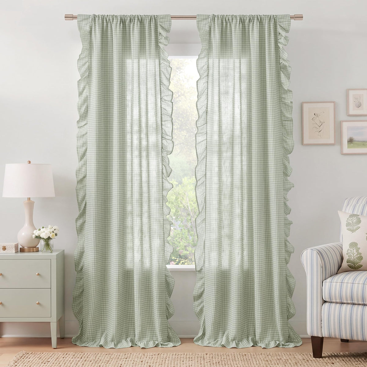 NICETOWN Sage Green Buffalo Plaid Ruffle Curtains 84 Inches Long for Bedroom, Privacy Linen Sheer Rococo Shabby Chic Window Gingham Drapes for Living Room, Rod Pocket, 40" W x 84" L, 2 Panels