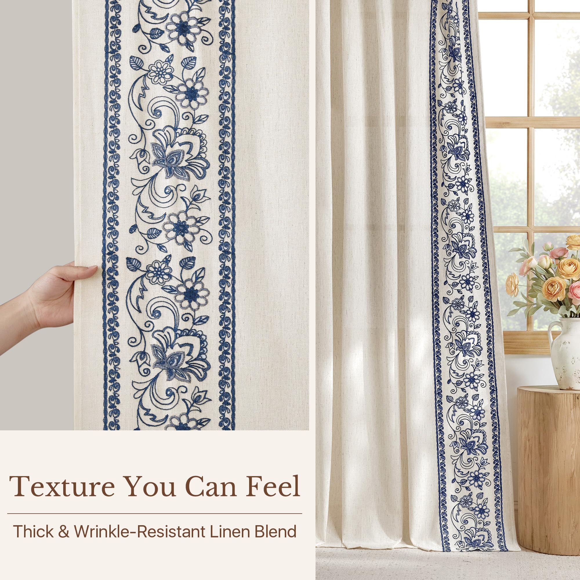 Floral Embroidered Linen Ready Made Curtains - Pair